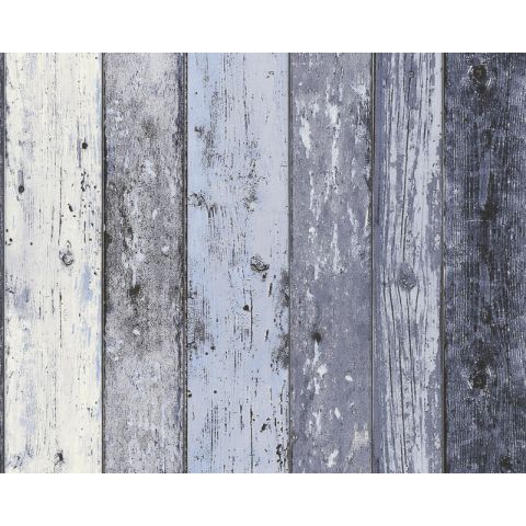 Nonwoven Wallpaper Scrap wood Blue/Grey